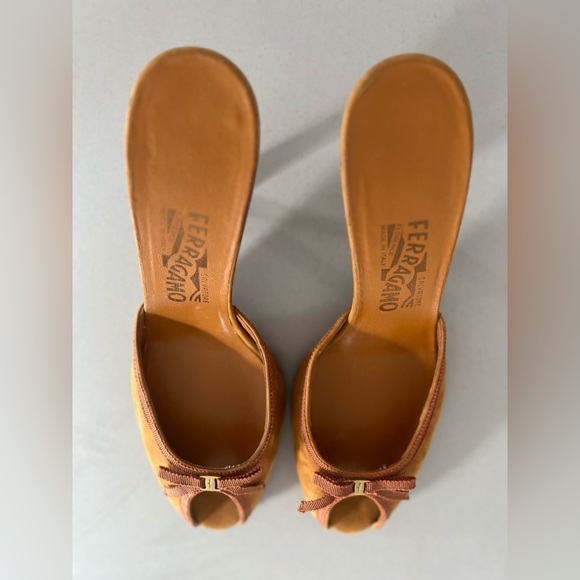 Salvatore Ferragamo Brown Suede Bow Kitten Heel Backless Sandals - Picture 12 of 12